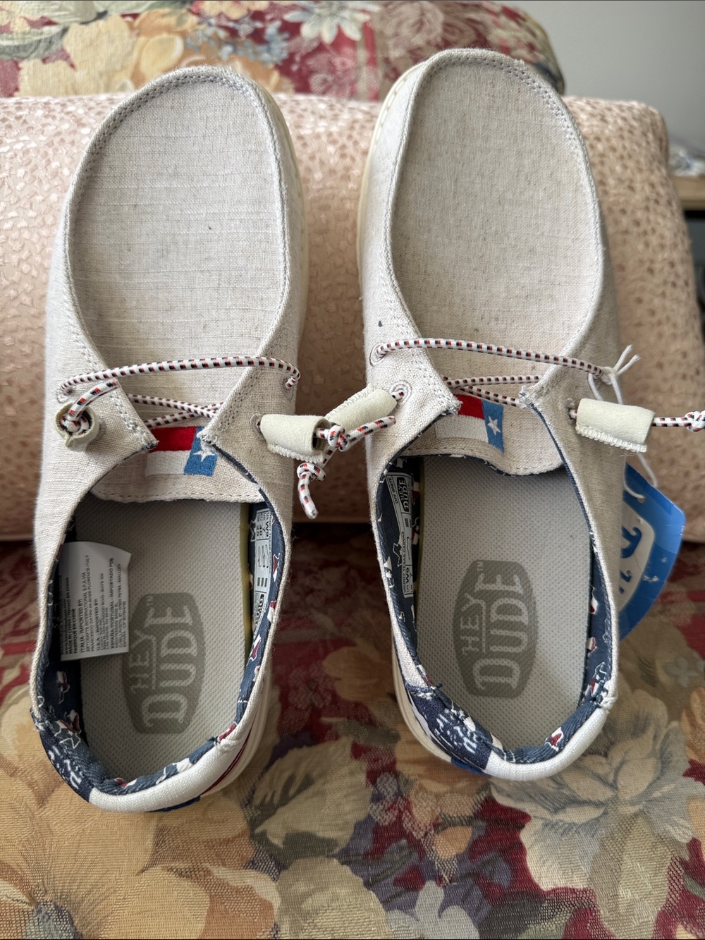 Hey Dude Kids Slip-On Sneakers in Natural Beige with Navy Accents. Brand new.